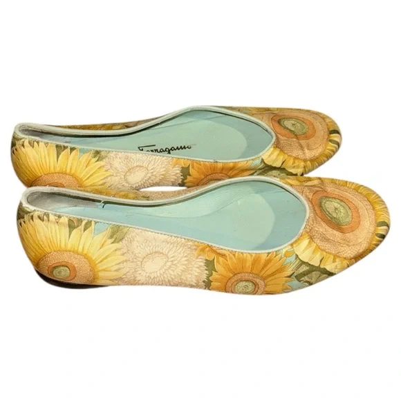 Salvatore Ferragamo Sunflower Scarf Yellow Floral Sz 6.5 Womens Ballet Flats - Picture 3 of 7